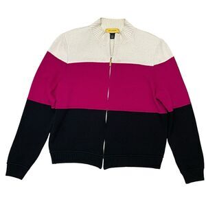 St John Collection Color Block Zip Up‎ Wool Knit Cardigan Sweater Jacket Size Lg